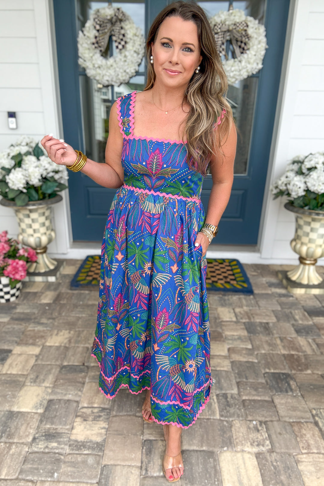 Yori Tropical Ric-Rac Pleated Midi Dress