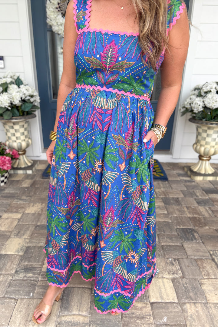 Yori Tropical Ric-Rac Pleated Midi Dress