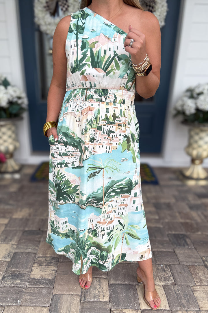 One Shoulder Amalfi Coast Smocked Midi Dress -  AQUA