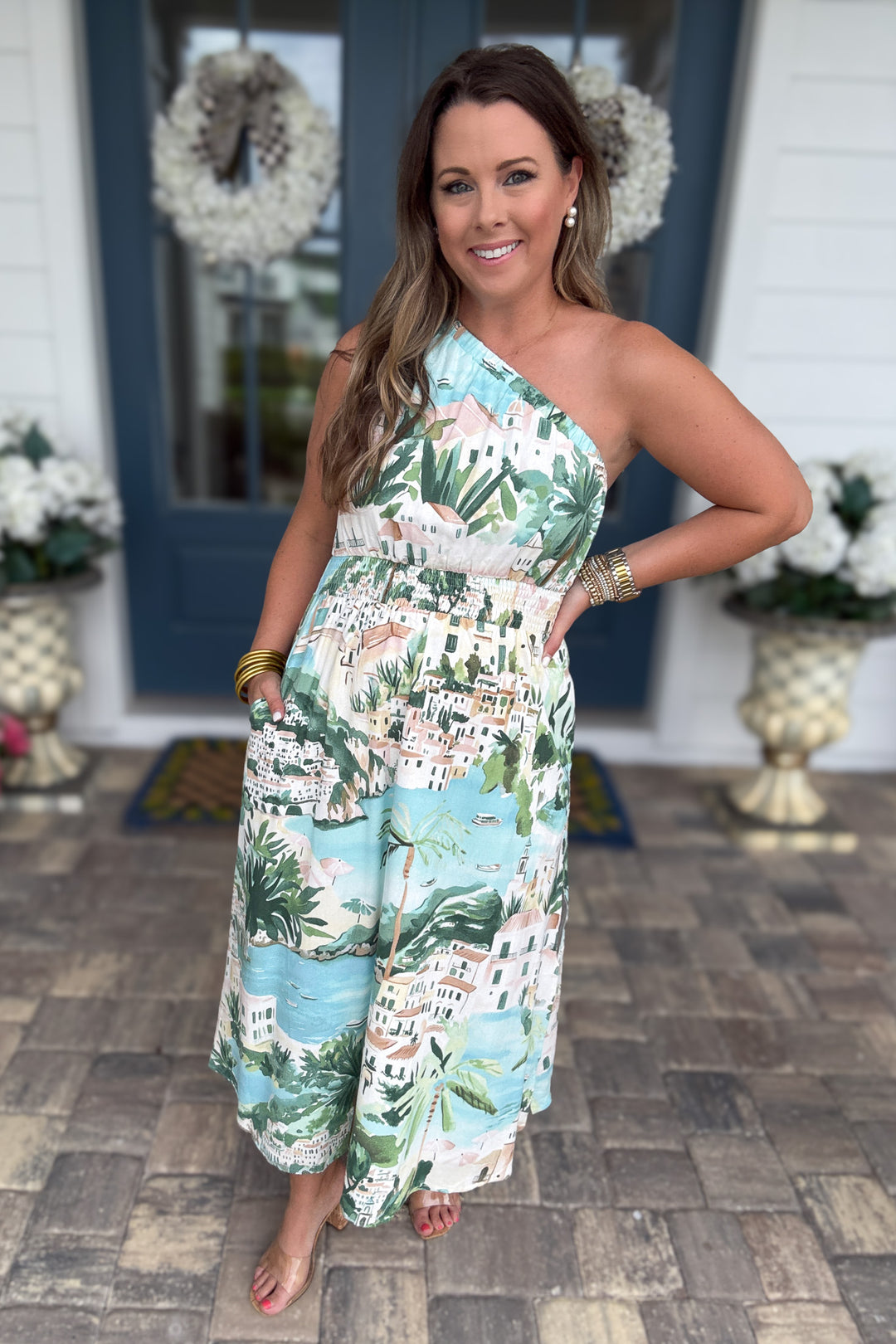 One Shoulder Amalfi Coast Smocked Midi Dress -  AQUA