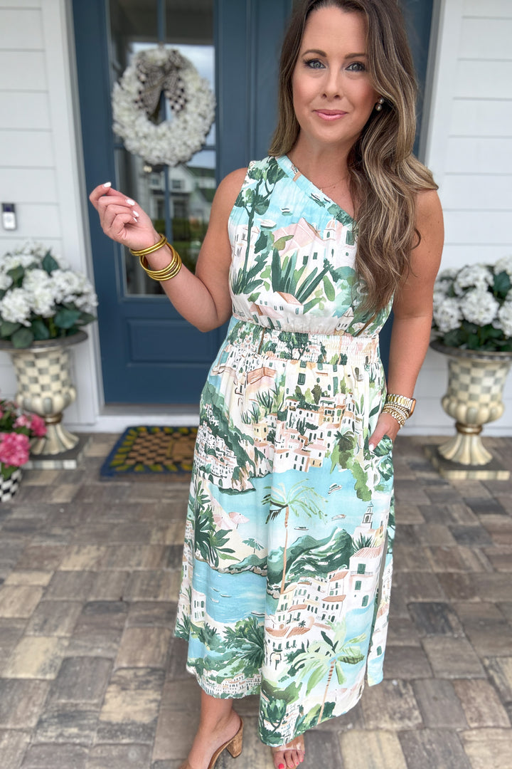 One Shoulder Amalfi Coast Smocked Midi Dress -  AQUA
