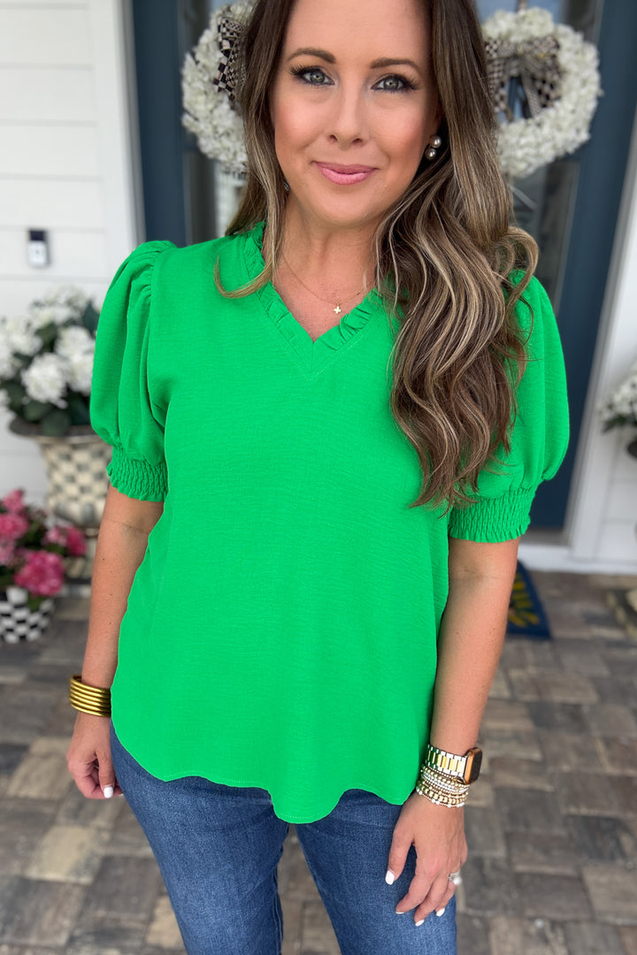 V-Neck Ruffle Top - Kelly Green