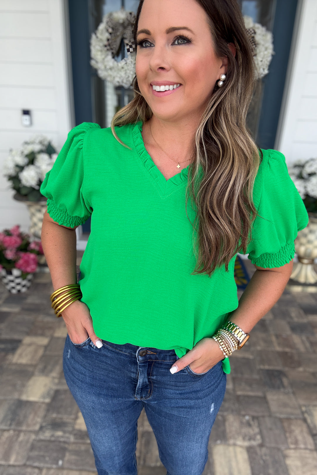 V-Neck Ruffle Top - Kelly Green