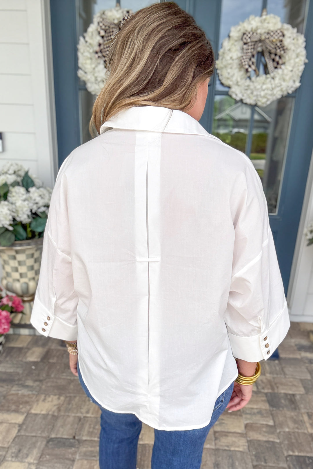 Back Pleat Button Down Popplin Top - White