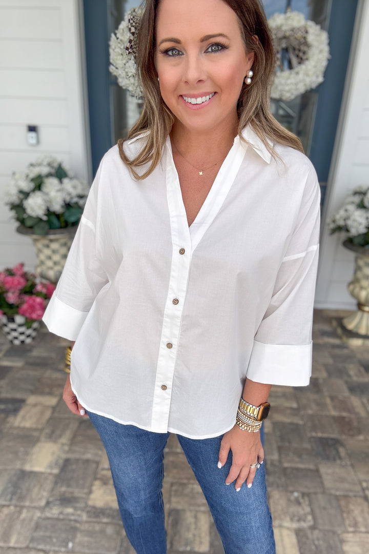 Back Pleat Button Down Popplin Top - White