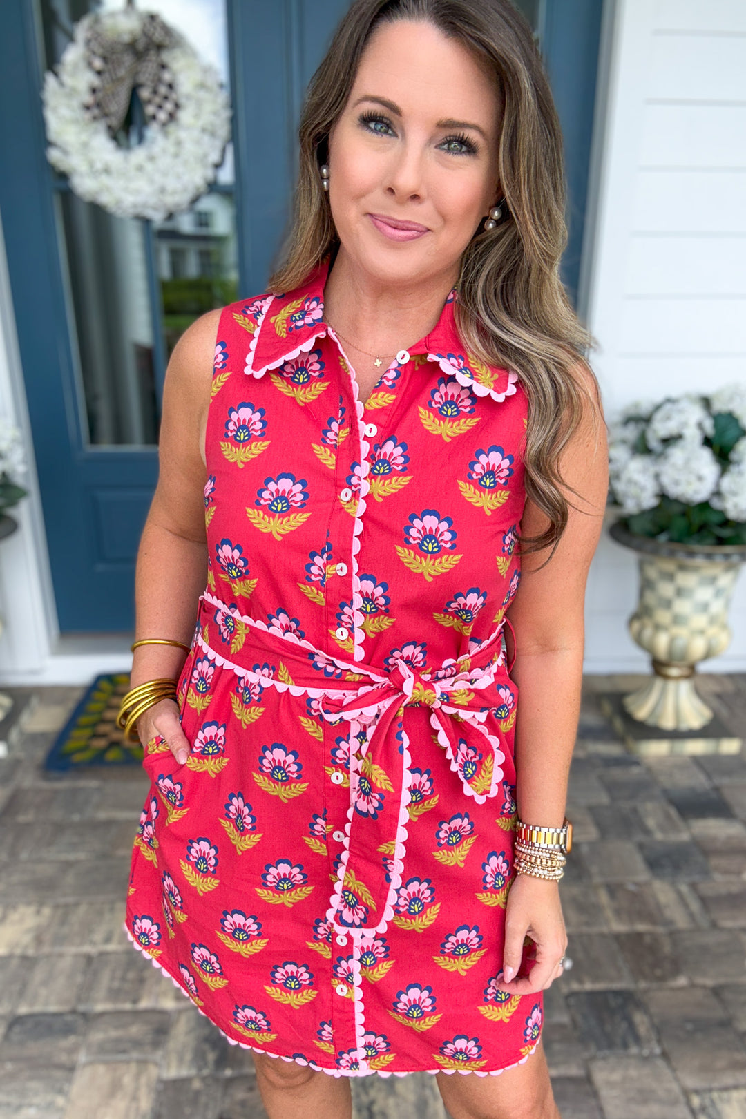 Ashley Floral Block Print Button Front Dress - Red