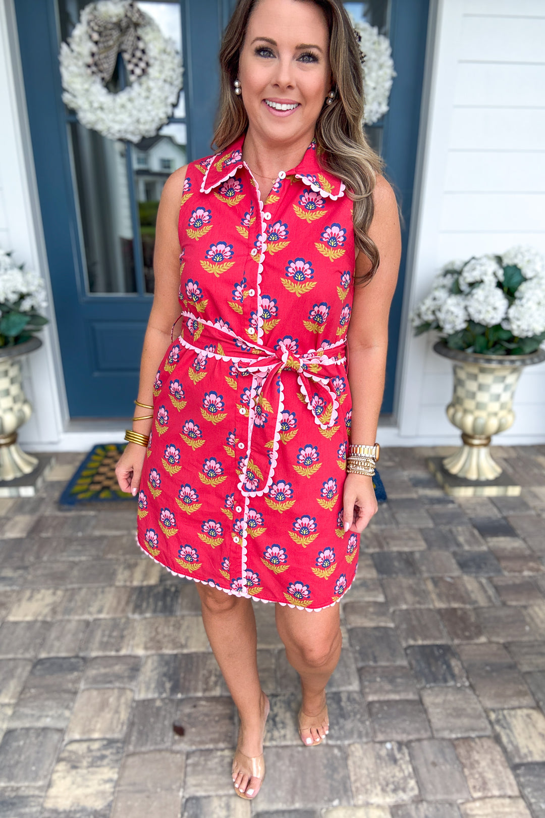 Ashley Floral Block Print Button Front Dress - Red