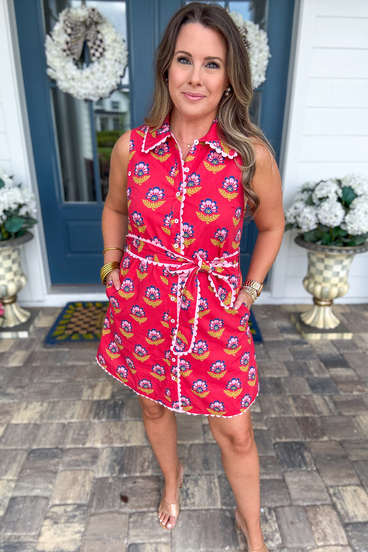 Ashley Floral Block Print Button Front Dress - Red