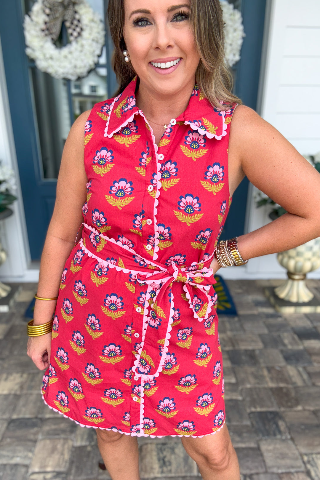 Ashley Floral Block Print Button Front Dress - Red