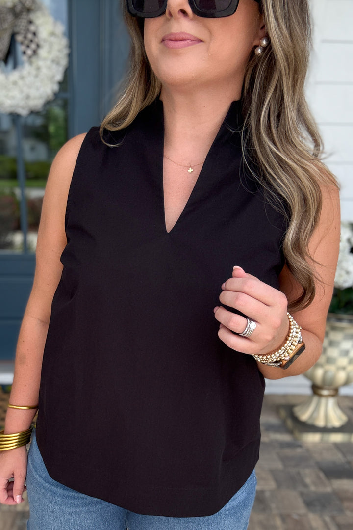 Classic V-Neck Poplin Tank - Black