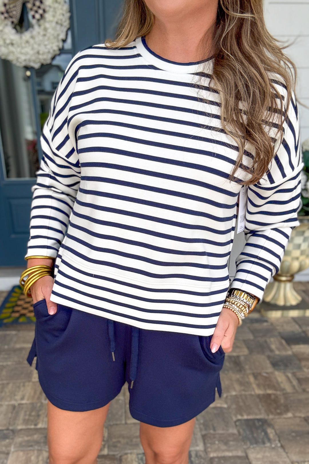 Spanx AirEssentials® Crewneck Long Sleeve Top - Powder/Timeless Navy Stripe