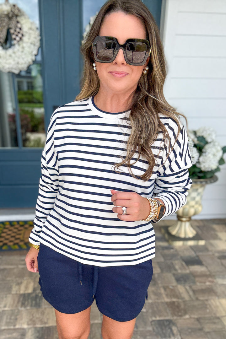Spanx AirEssentials® Crewneck Long Sleeve Top - Powder/Timeless Navy Stripe
