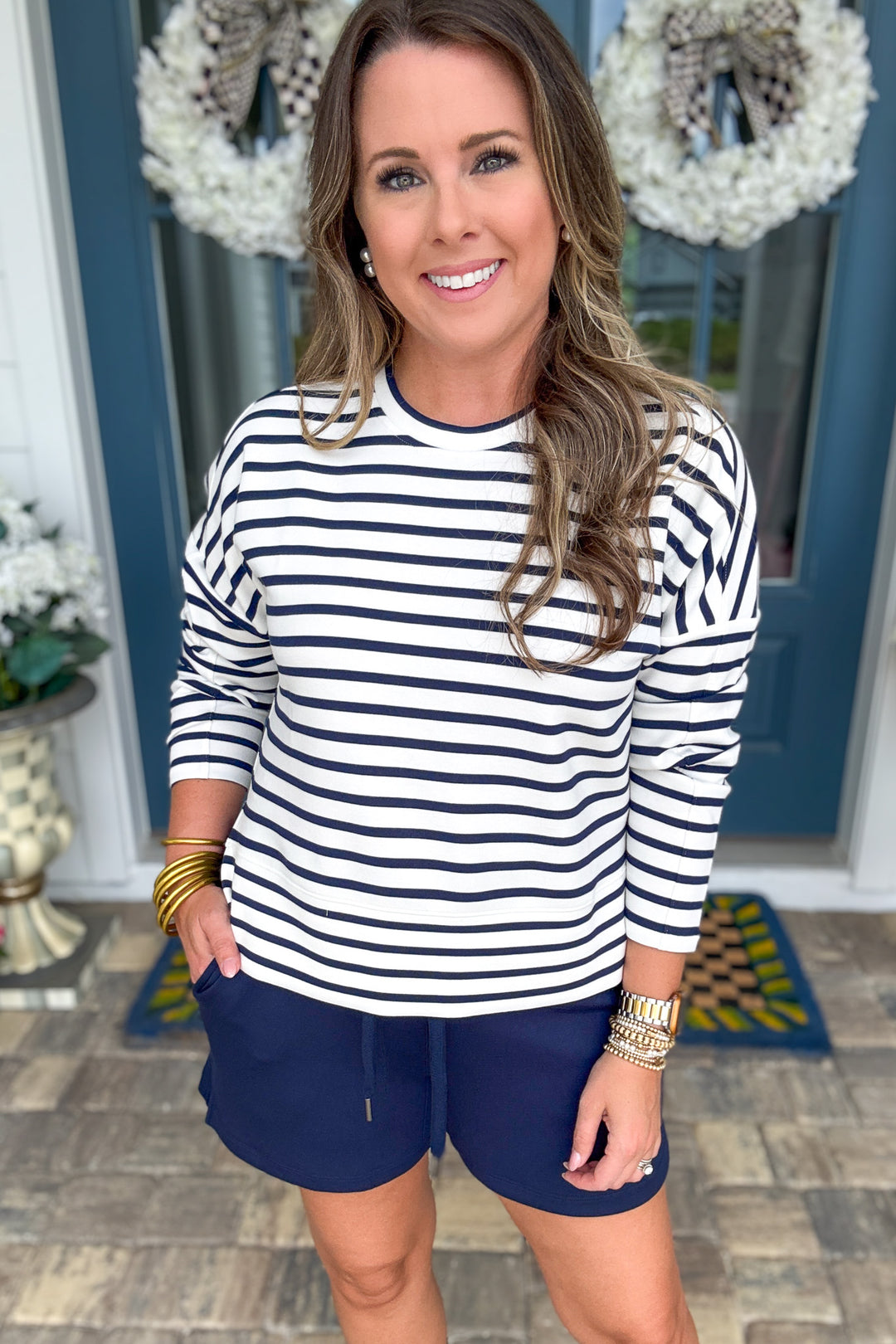 Spanx AirEssentials® Crewneck Long Sleeve Top - Powder/Timeless Navy Stripe