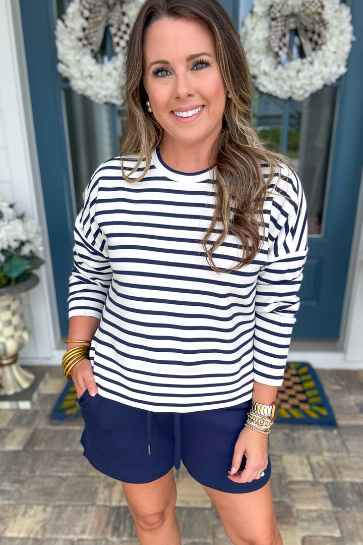 Spanx AirEssentials® Crewneck Long Sleeve Top - Powder/Timeless Navy Stripe