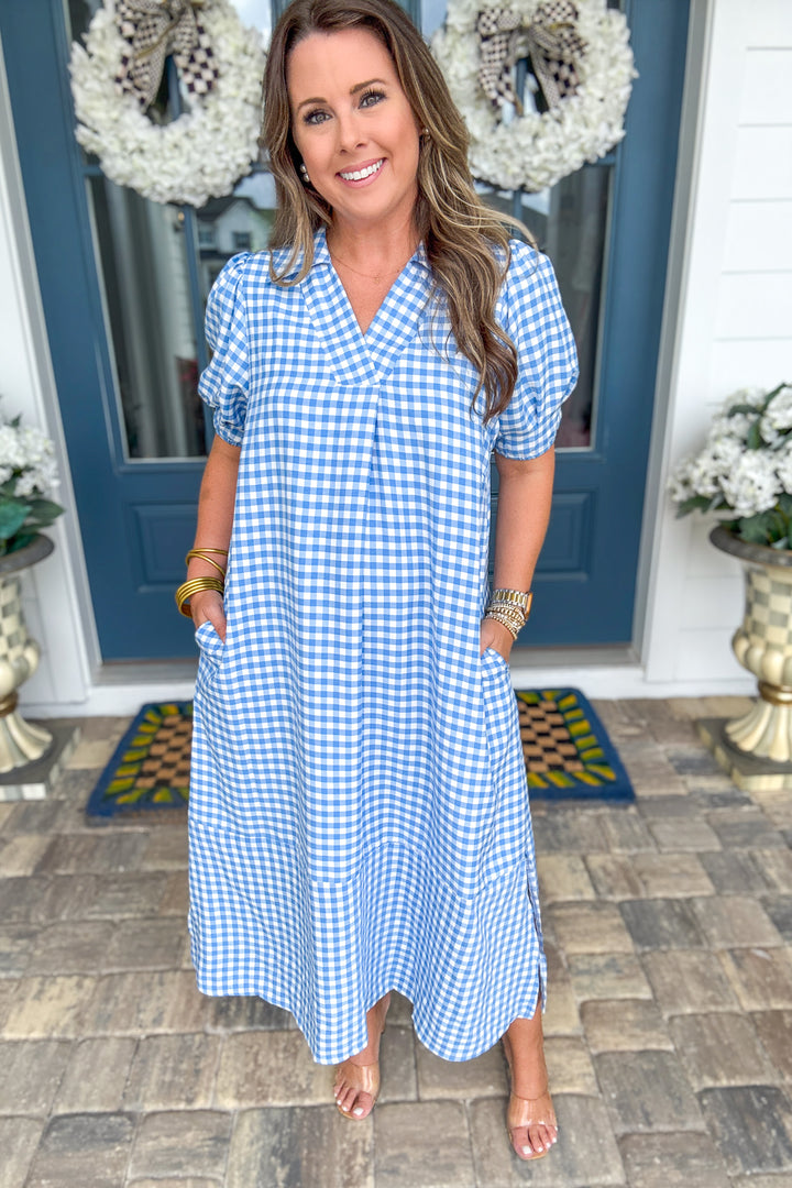 Gingham Midi Dress - Blue
