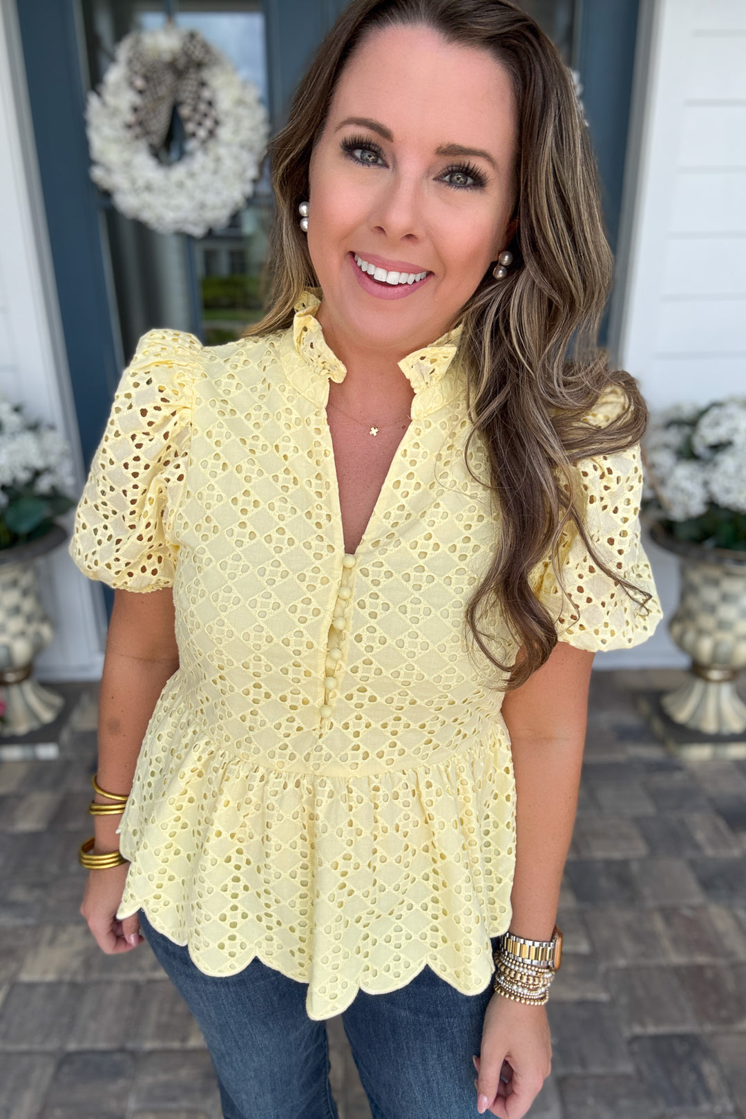 Sweetly Scalloped Eyelet Blouse - Yellow