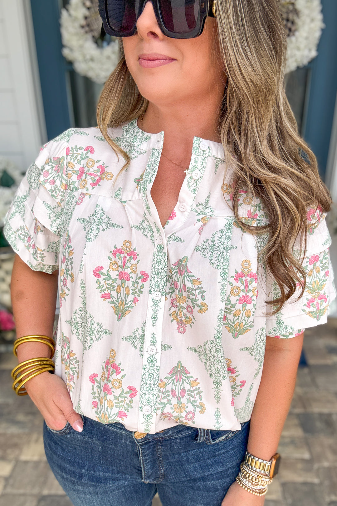 Karlie: Vintage Floral Pleat Sleeve Top
