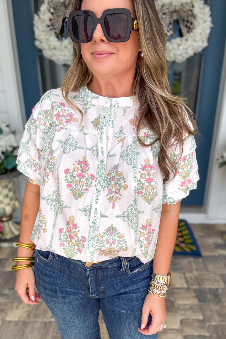 Karlie: Vintage Floral Pleat Sleeve Top