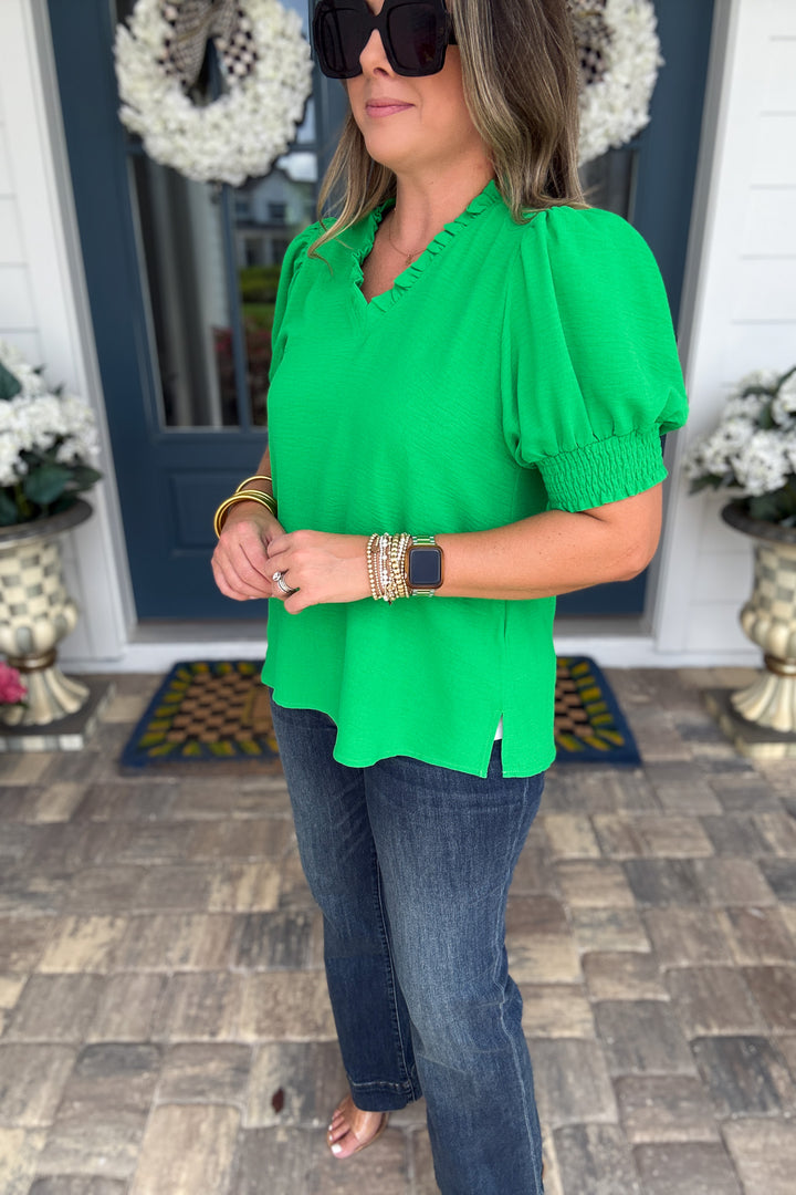V-Neck Ruffle Top - Kelly Green