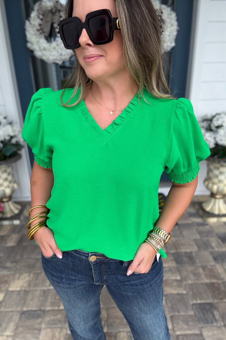 V-Neck Ruffle Top - Kelly Green