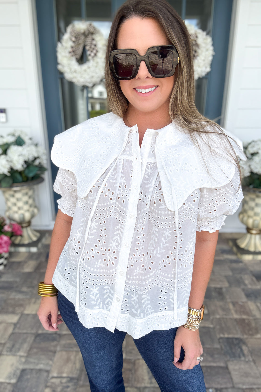 Karlie: Eyelit  Collar Top - White