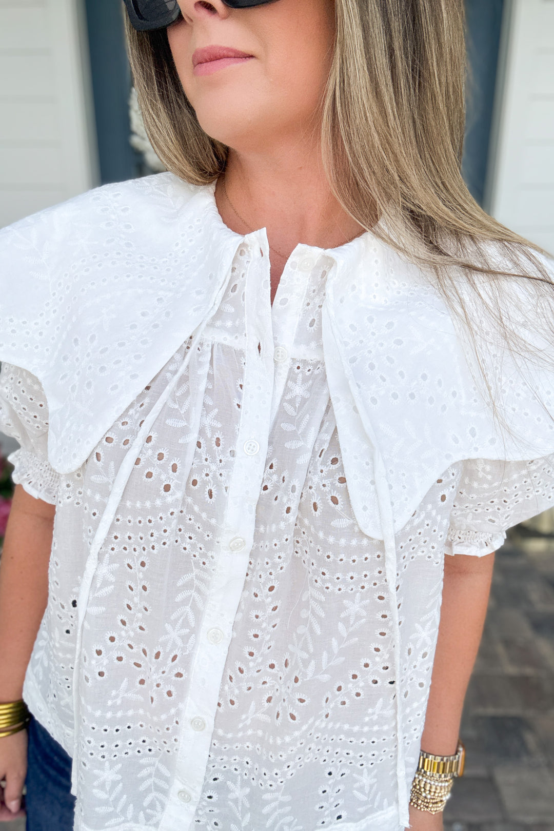 Karlie: Eyelit  Collar Top - White