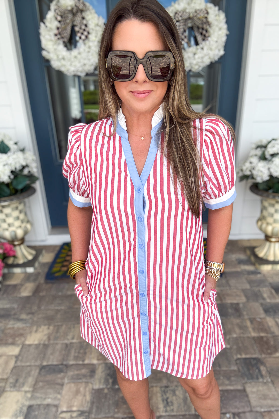 Lined Up Stripe Dress - Red