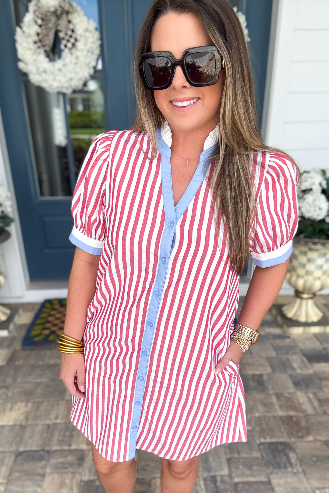 Lined Up Stripe Dress - Red