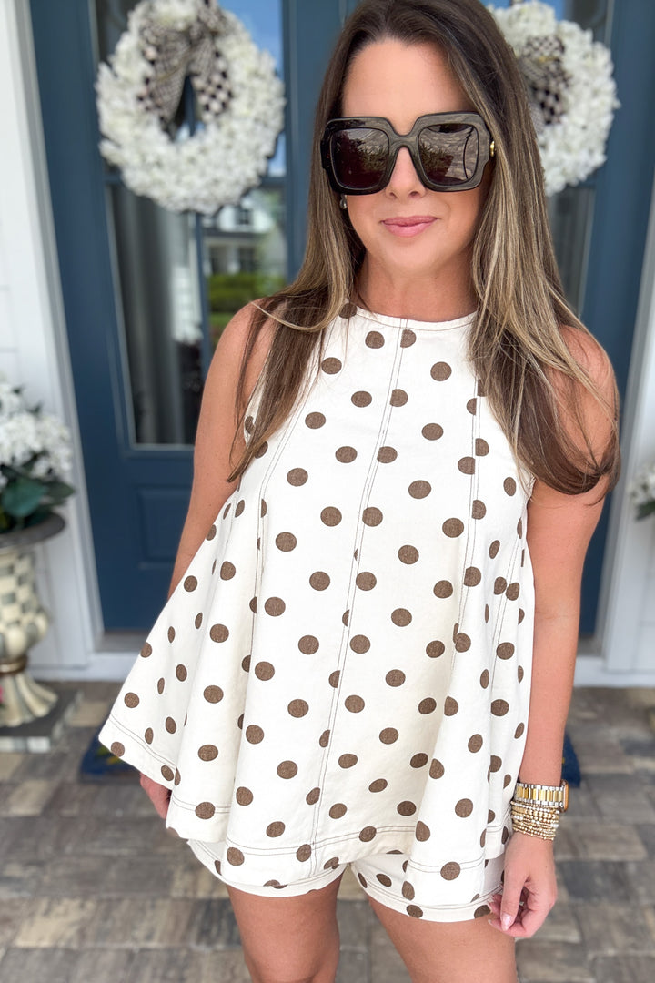 Solid Elastic Waist Polka Dot Denim Shorts - Off White