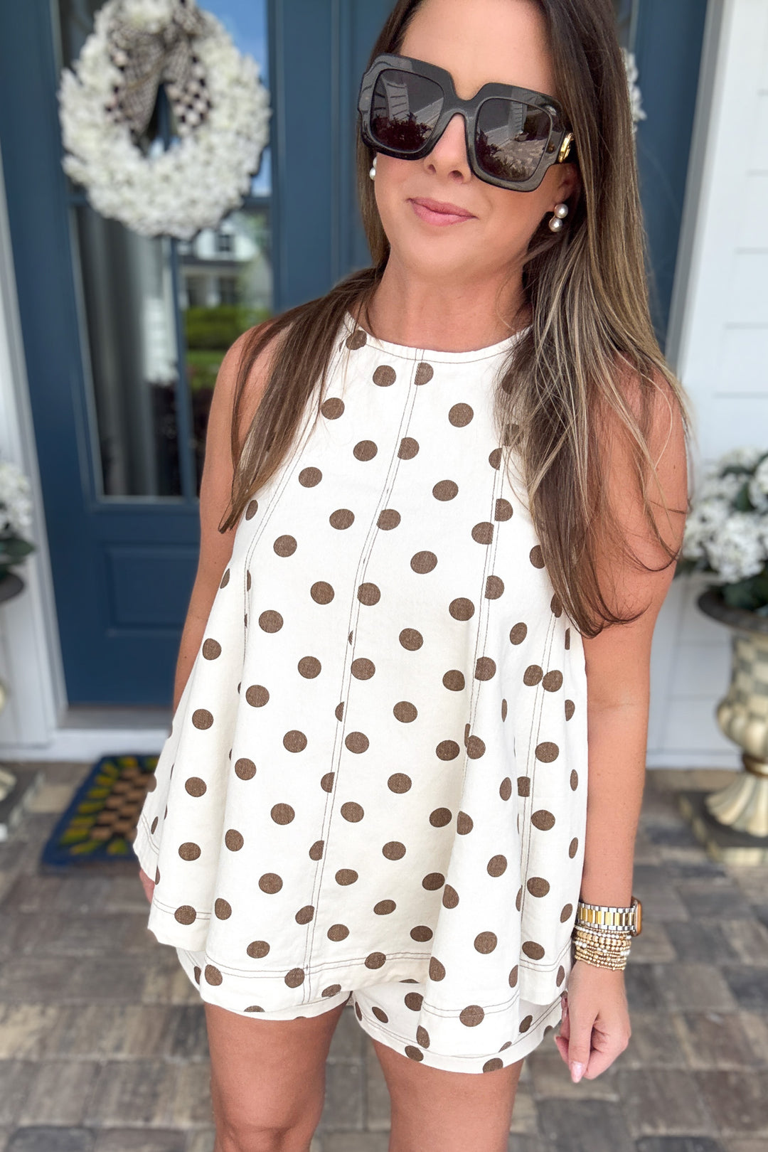 City Girl Sleeveless Flared Polka Dot Denim Top - Off White