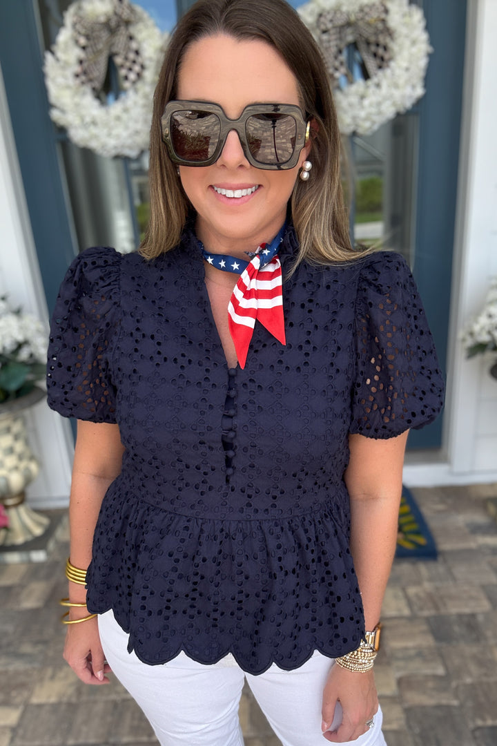 Sweetly Scalloped Eyelet Blouse - Navy