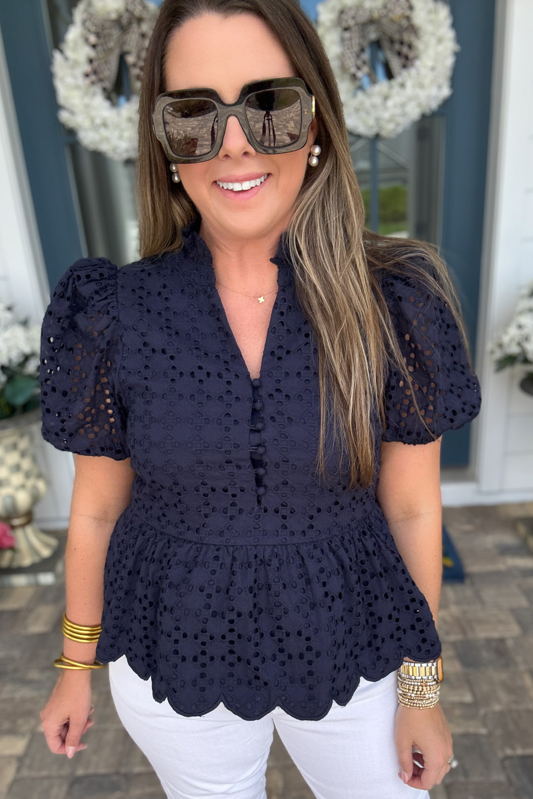 Sweetly Scalloped Eyelet Blouse - Navy