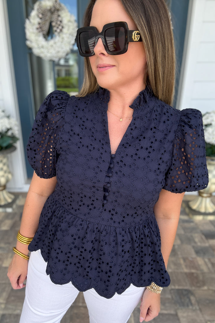 Sweetly Scalloped Eyelet Blouse - Navy