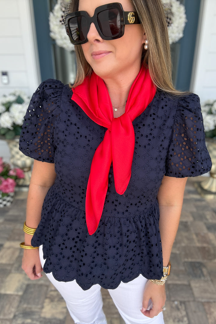 Sweetly Scalloped Eyelet Blouse - Navy