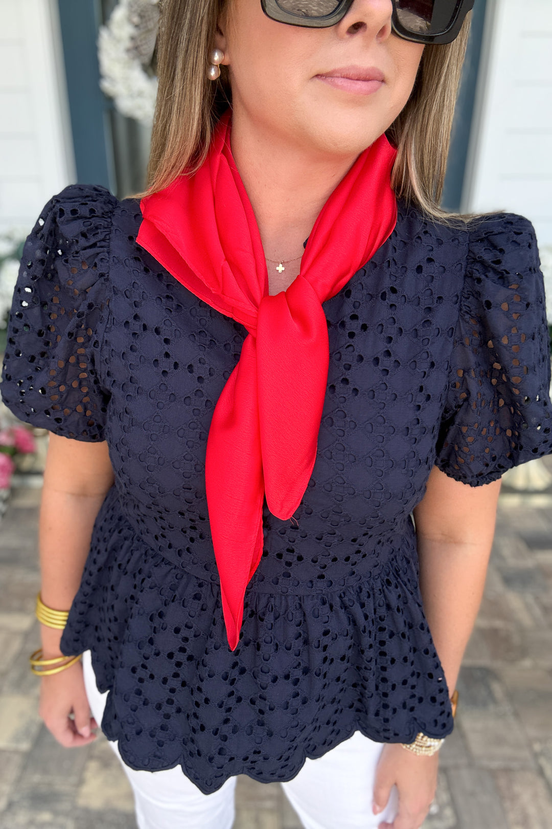 Sweetly Scalloped Eyelet Blouse - Navy