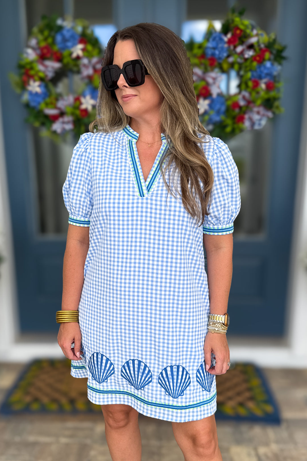 Seaside Stroll Gingham Shell Dress - Blue