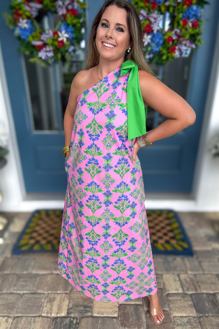 Tied Up One Shoulder Bow Maxi Dress - Pink