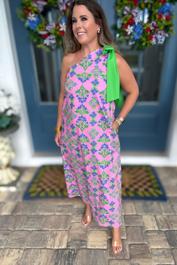 Tied Up One Shoulder Bow Maxi Dress - Pink