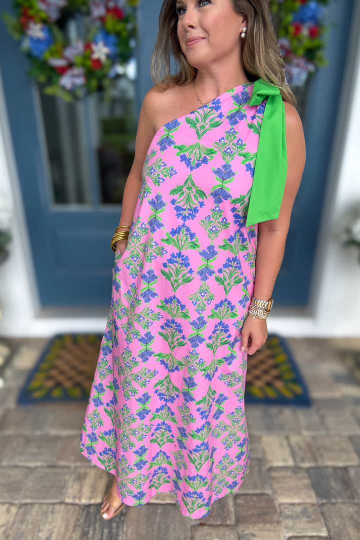 Tied Up One Shoulder Bow Maxi Dress - Pink
