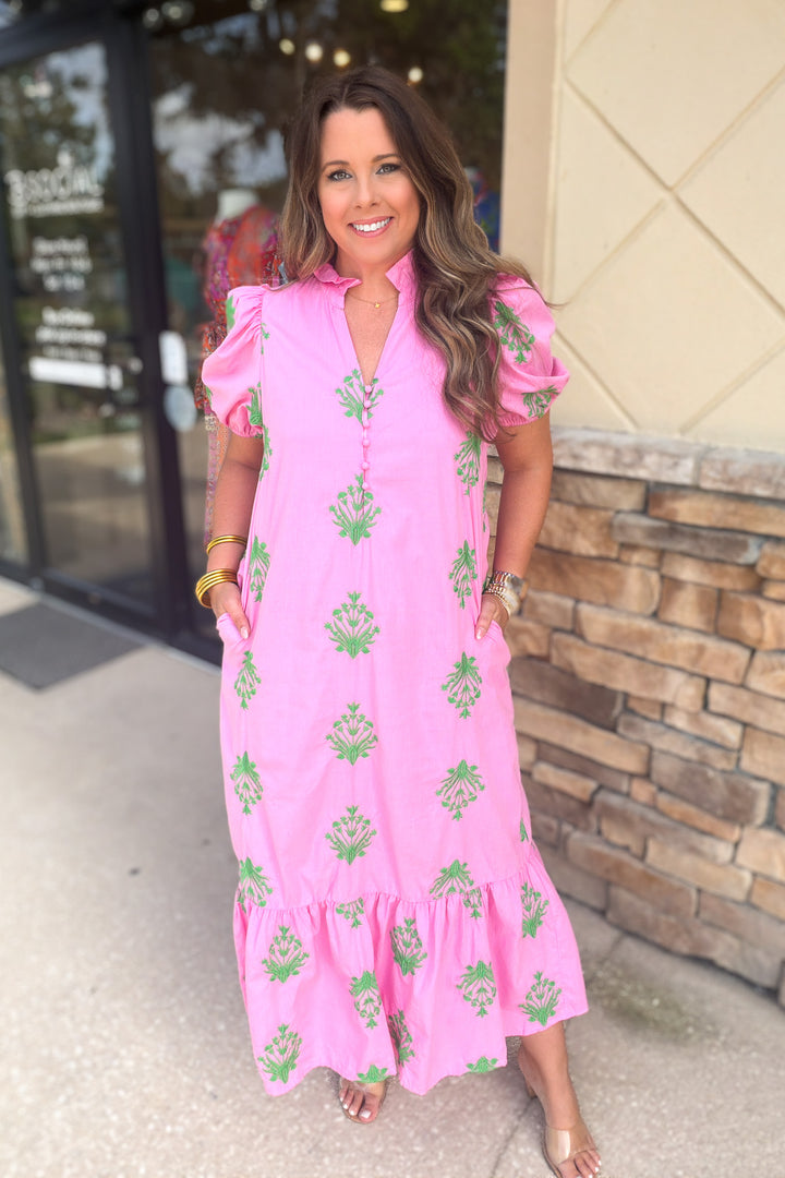 Stitch Embrodary Midi Dress - Pink