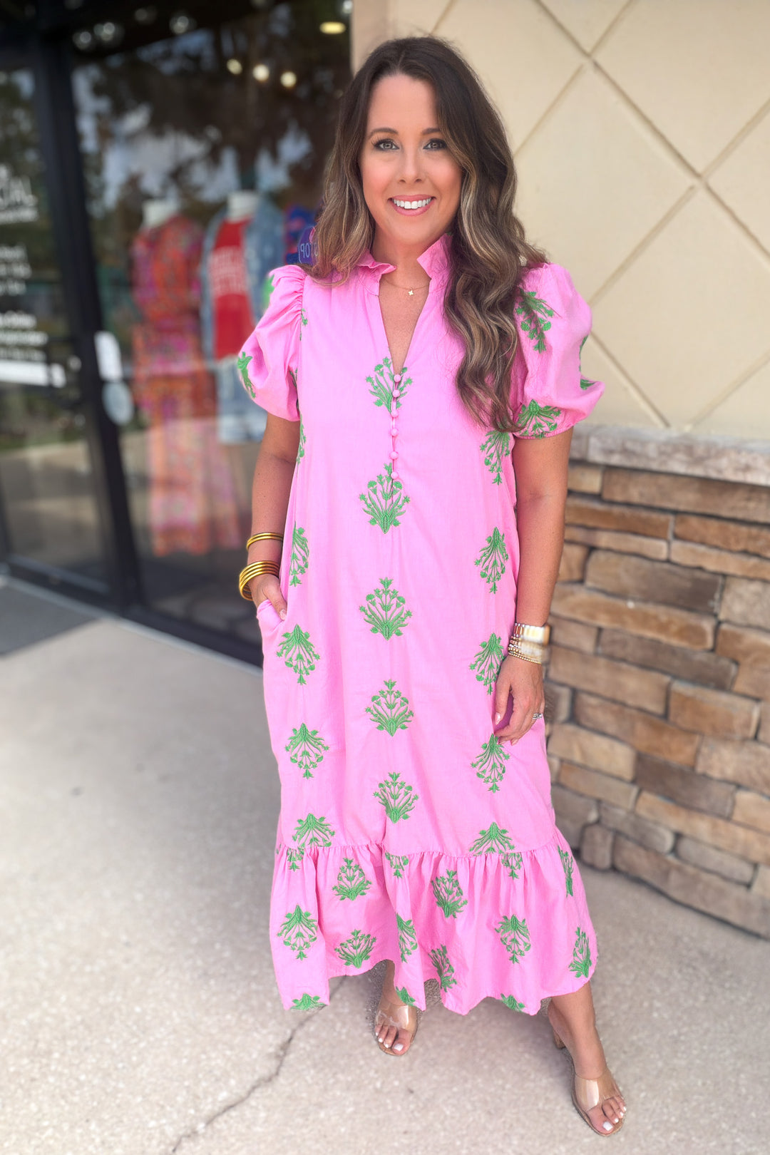 Stitch Embrodary Midi Dress - Pink