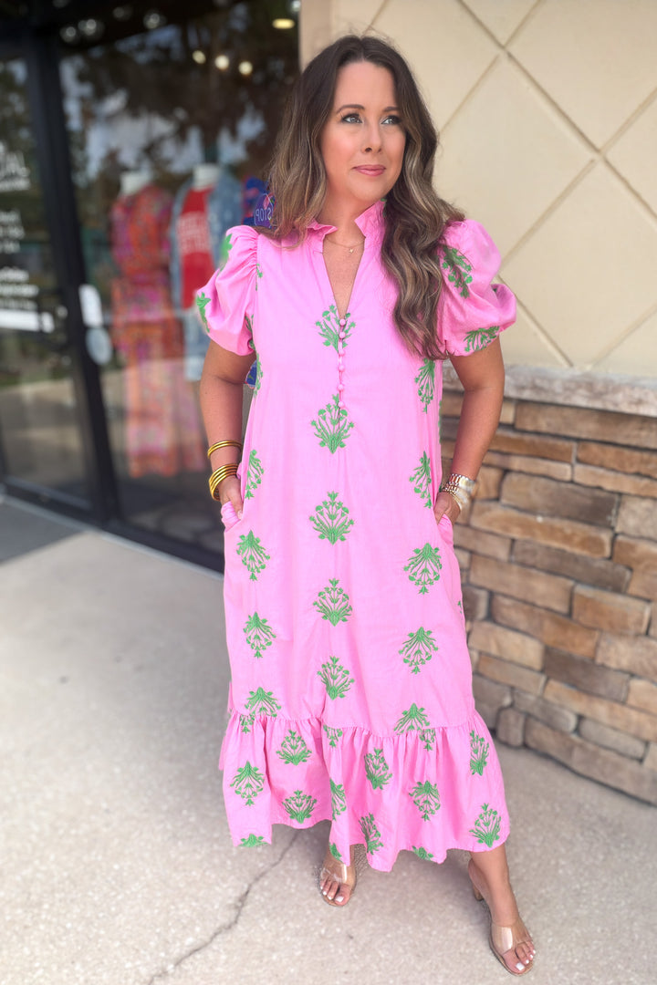 Stitch Embrodary Midi Dress - Pink