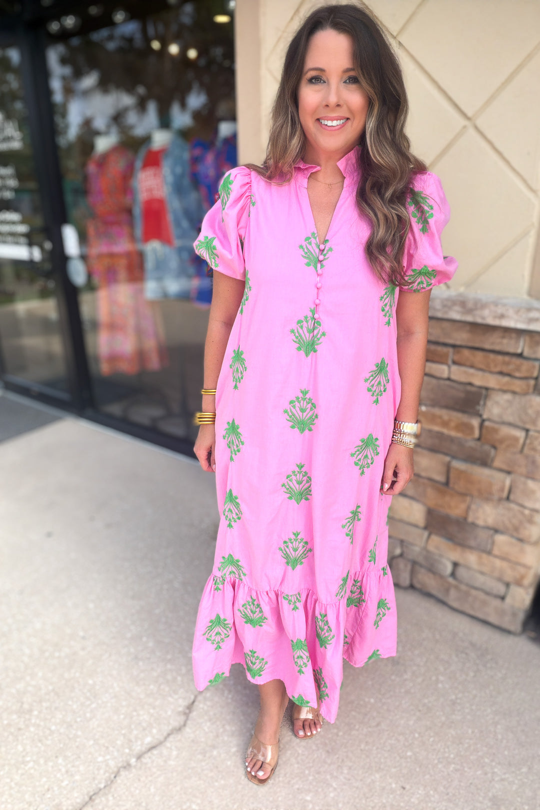 Stitch Embrodary Midi Dress - Pink