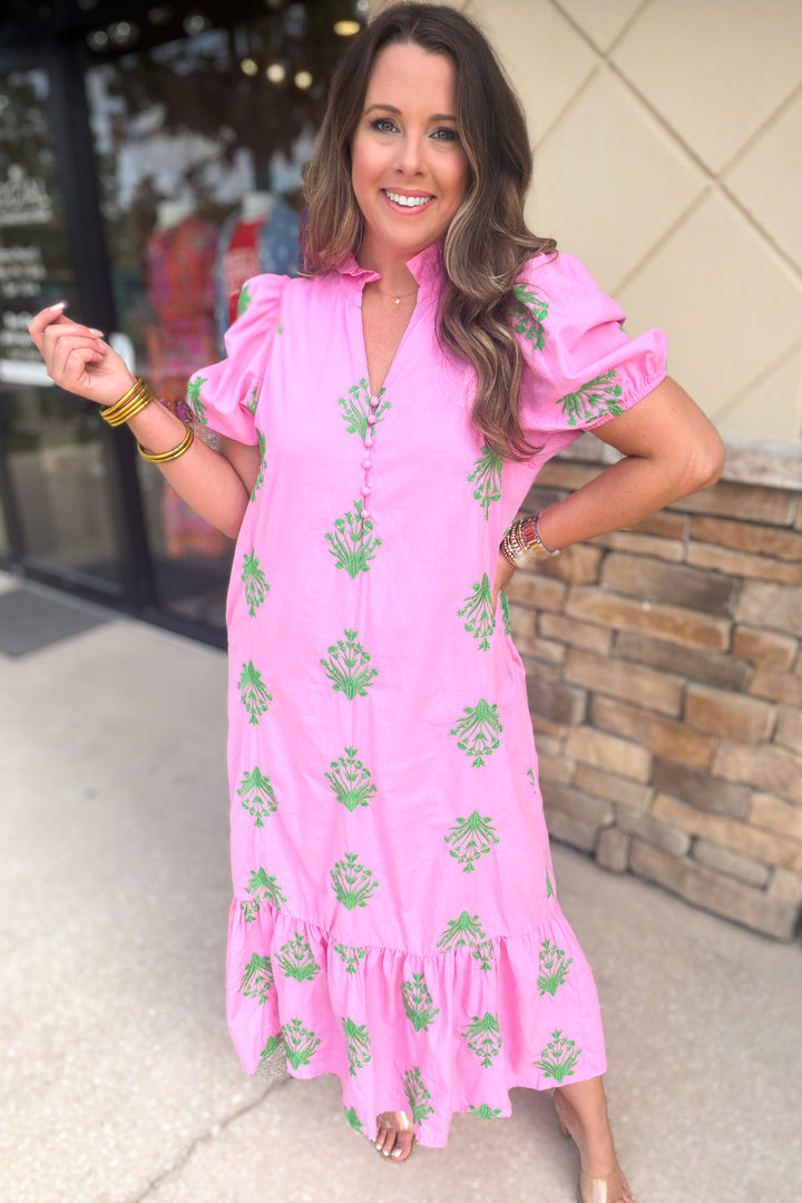Stitch Embrodary Midi Dress - Pink