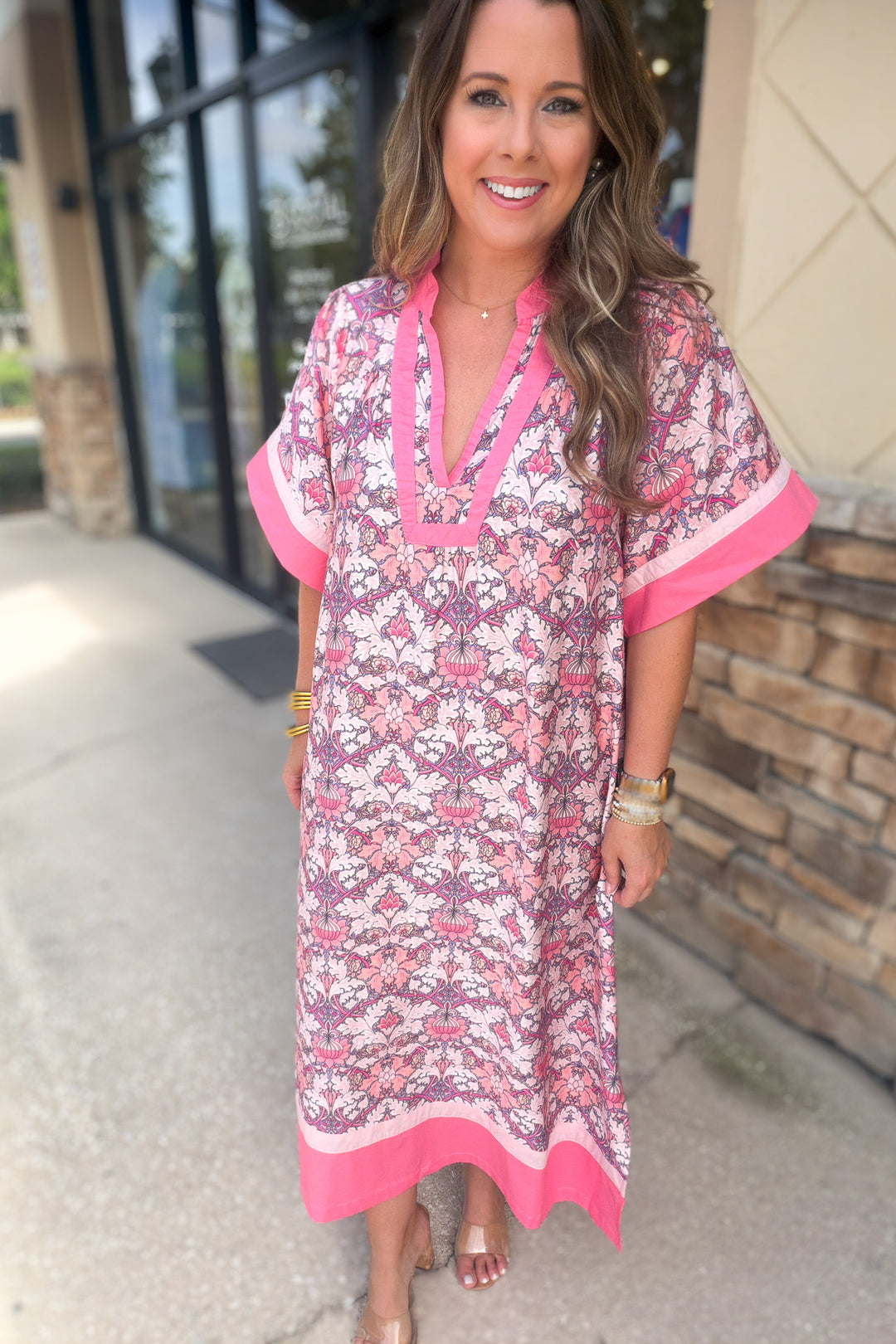 Pink Palm Romance Caftan Dress