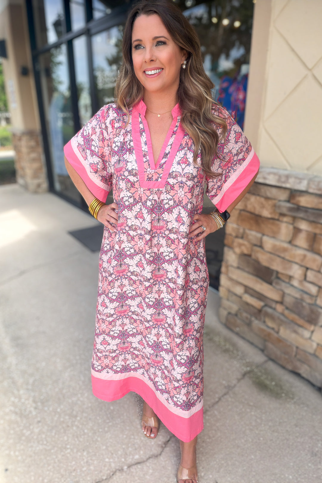 Pink Palm Romance Caftan Dress