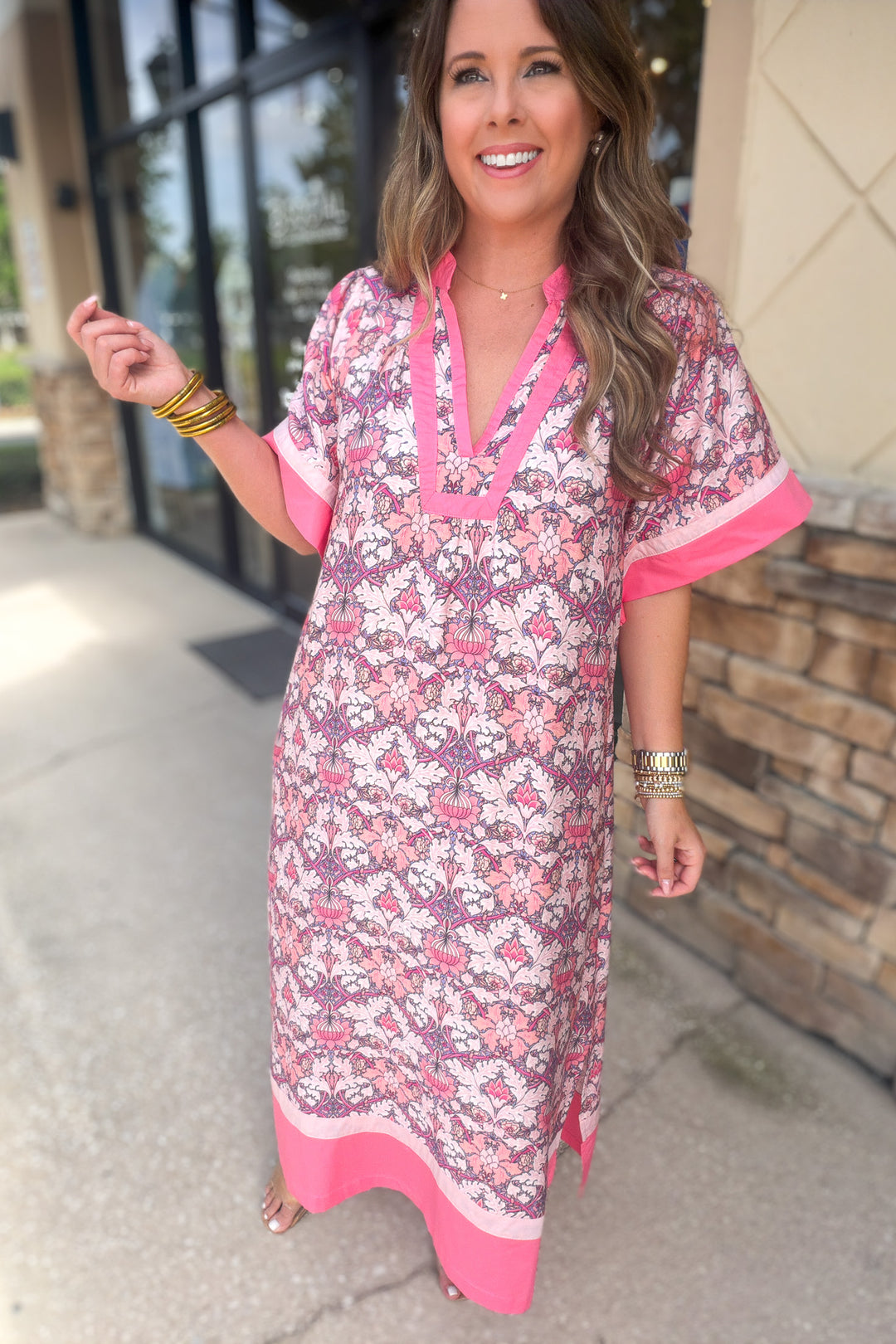 Pink Palm Romance Caftan Dress
