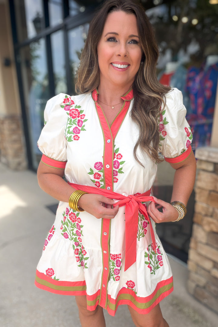 Coral Blossom Belted Dress