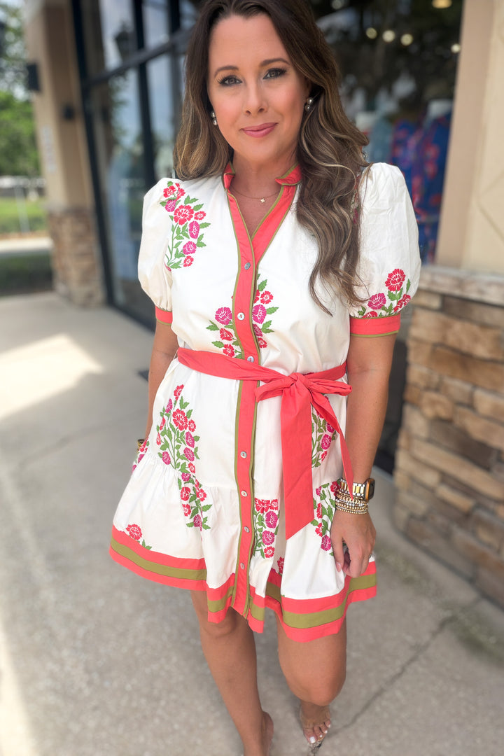 Coral Blossom Belted Dress