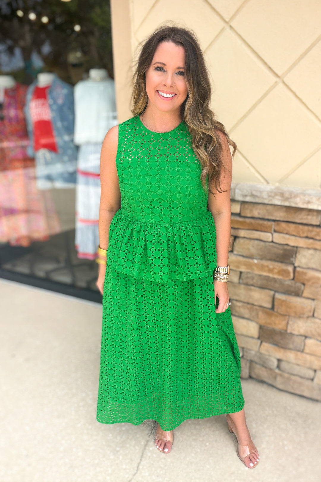 Forever Chic Eyelet Peplum Midi - Green